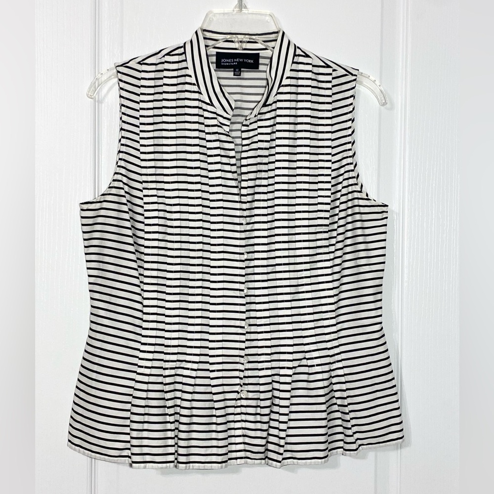 Jones NY Peplum Style Striped Sleeveless Cotton Blouse Navy White Size Medium